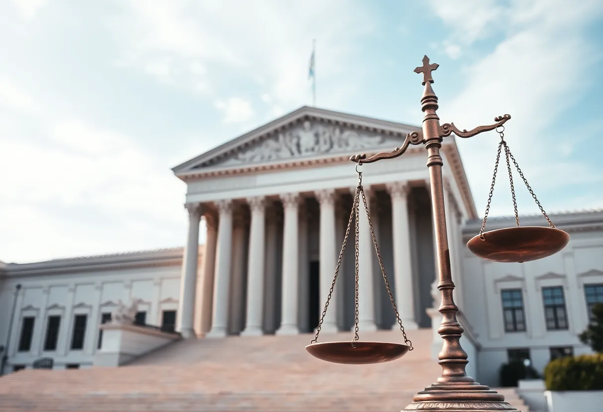 Symbol of justice in front of a government building showing the impact of corruption.