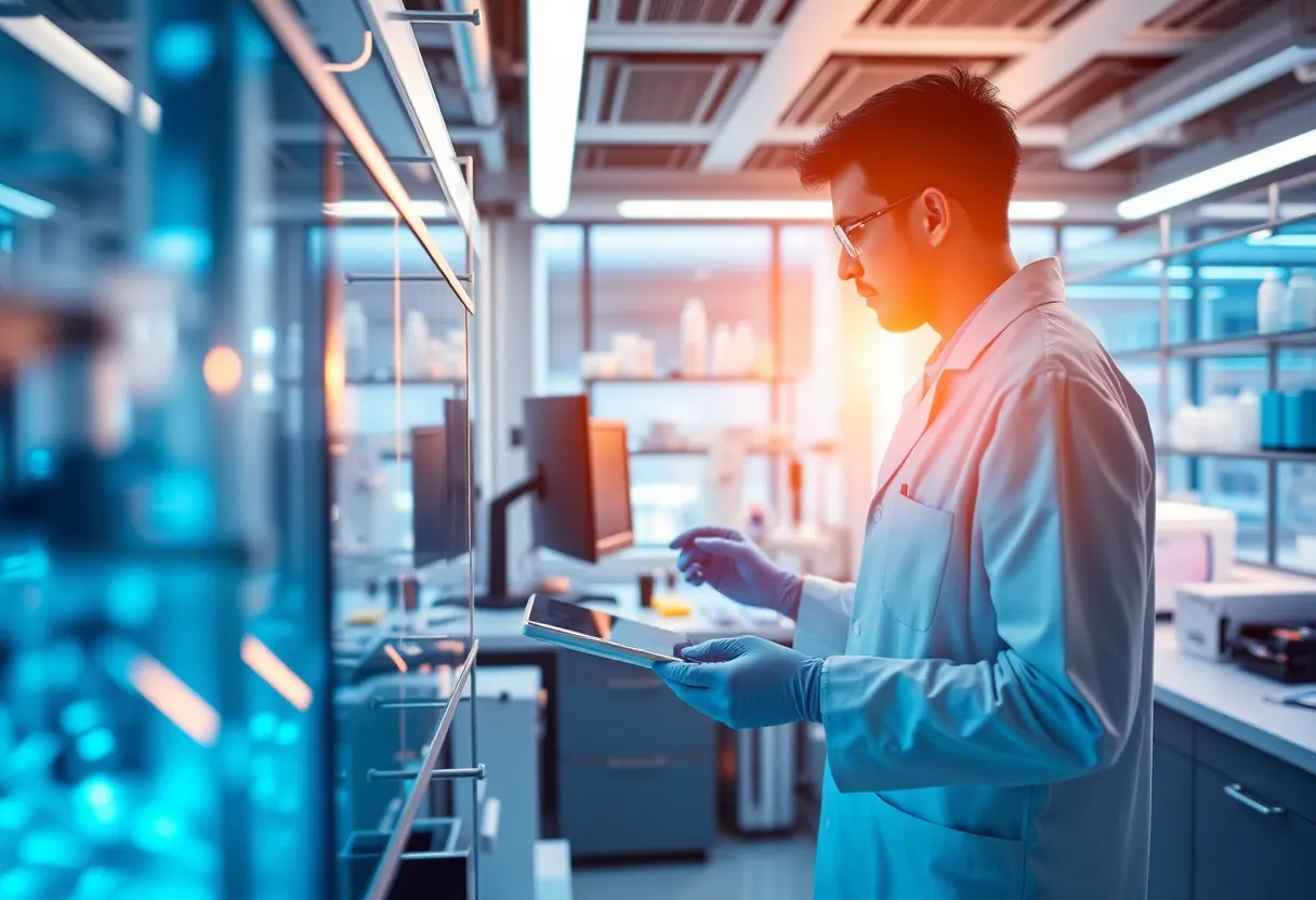 Futuristic laboratory setting focusing on biopharmaceutical research.