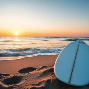 Sunset view of Huntington Beach with a surfboard on the sand