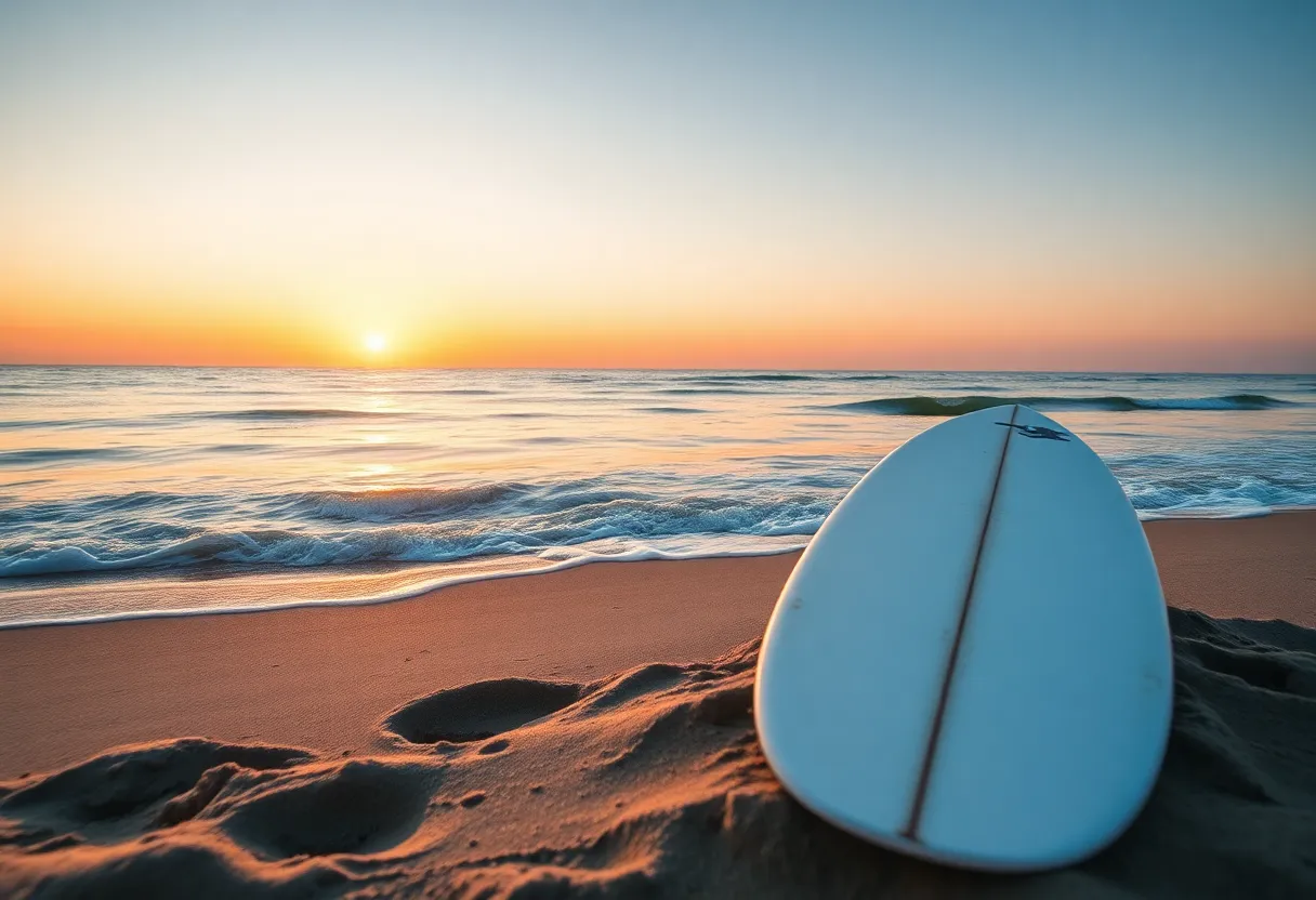 Sunset view of Huntington Beach with a surfboard on the sand