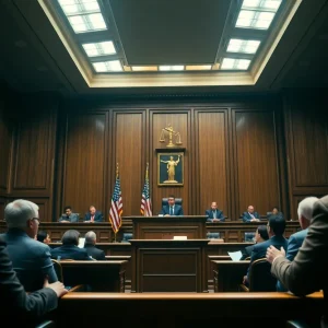 Courtroom scene representing legal challenges in Kluwe's lawsuit