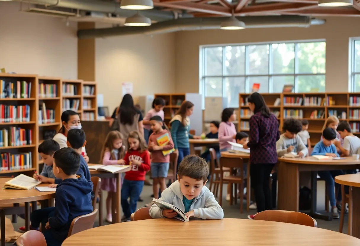 Families enjoying activities at a public library.