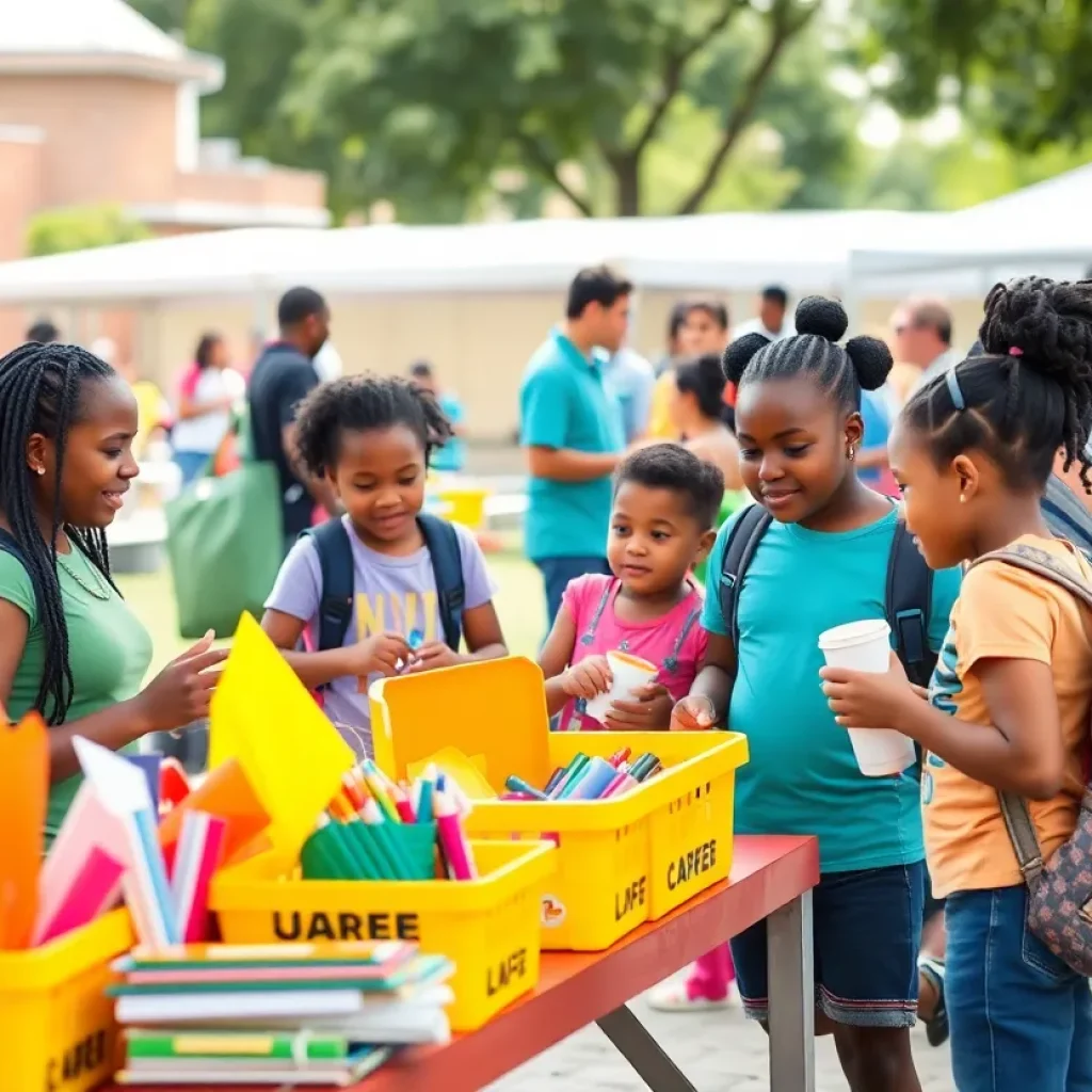 Families engaging in a community back-to-school event with supplies and activities.