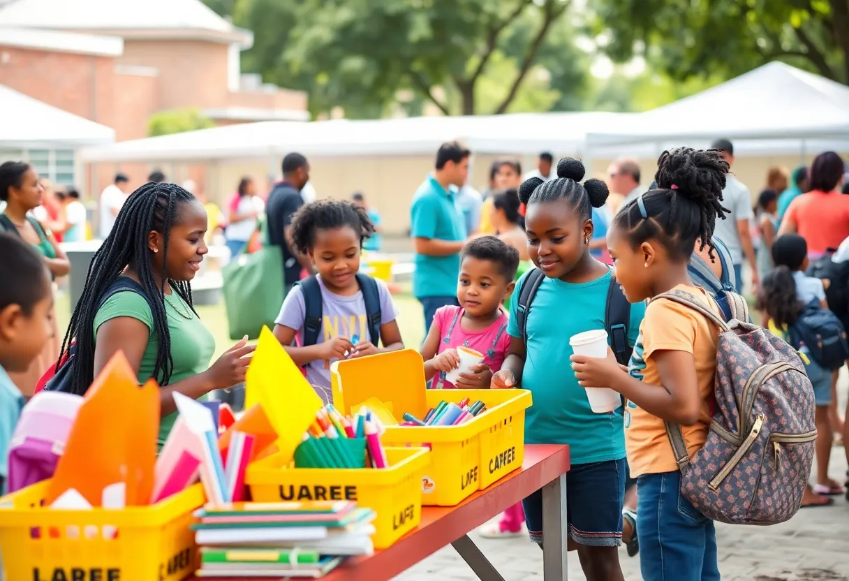 Families engaging in a community back-to-school event with supplies and activities.