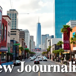 A panoramic view of Los Angeles with elements representing journalism and diversity.