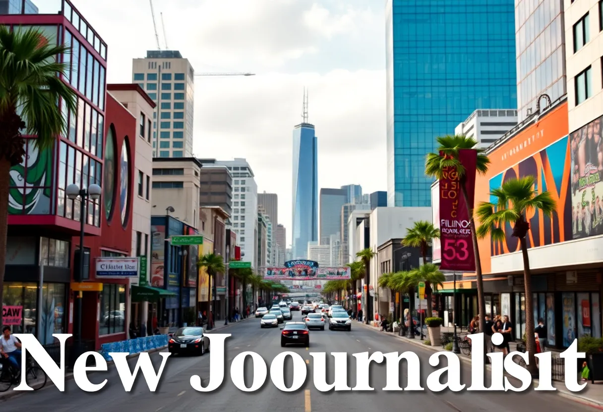 A panoramic view of Los Angeles with elements representing journalism and diversity.