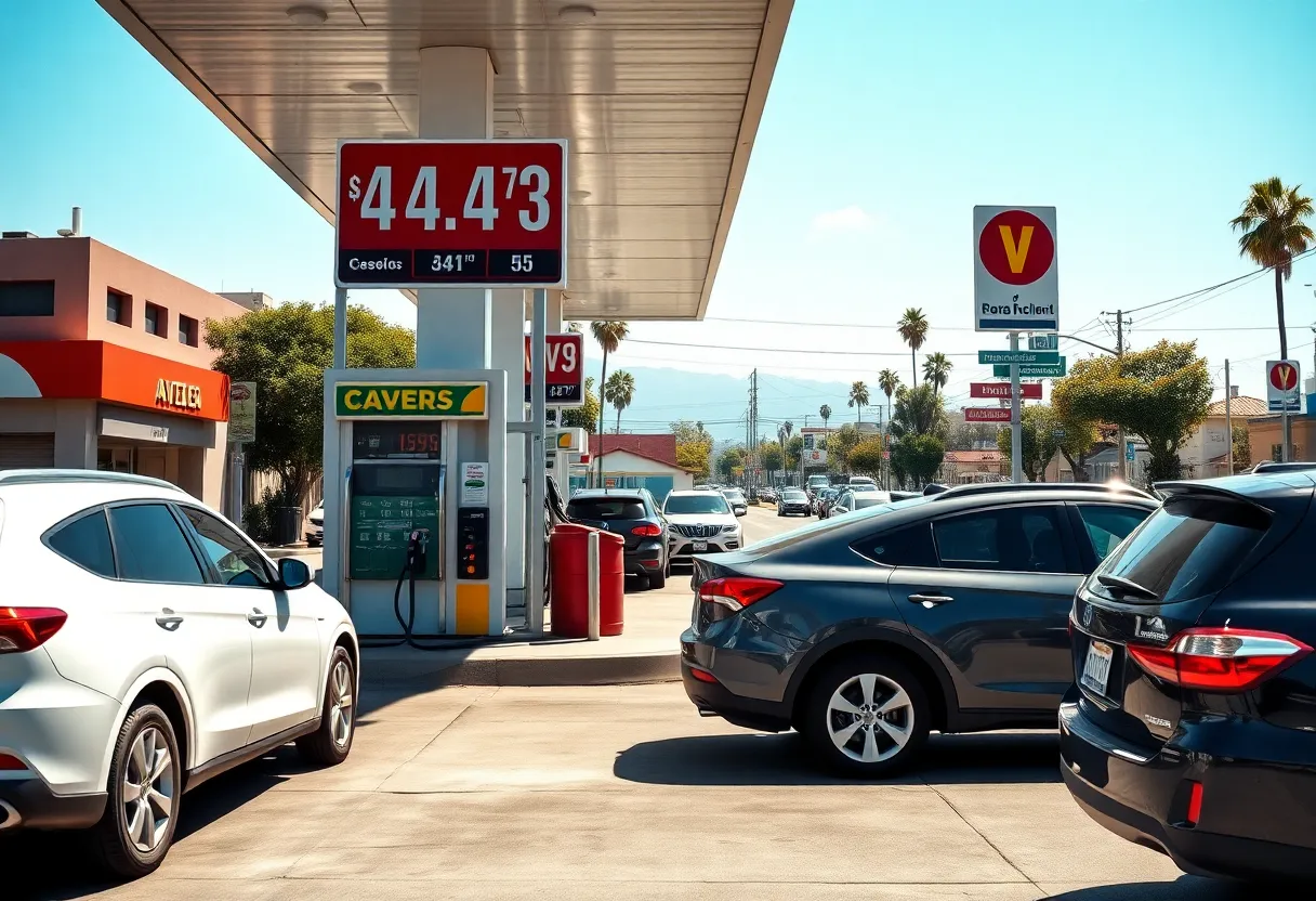 Cars at a gas station in Los Angeles with visible gas price signs