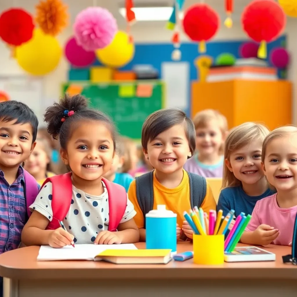 Students preparing for the new school year in a colorful classroom