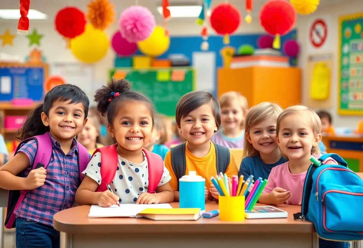 Students preparing for the new school year in a colorful classroom