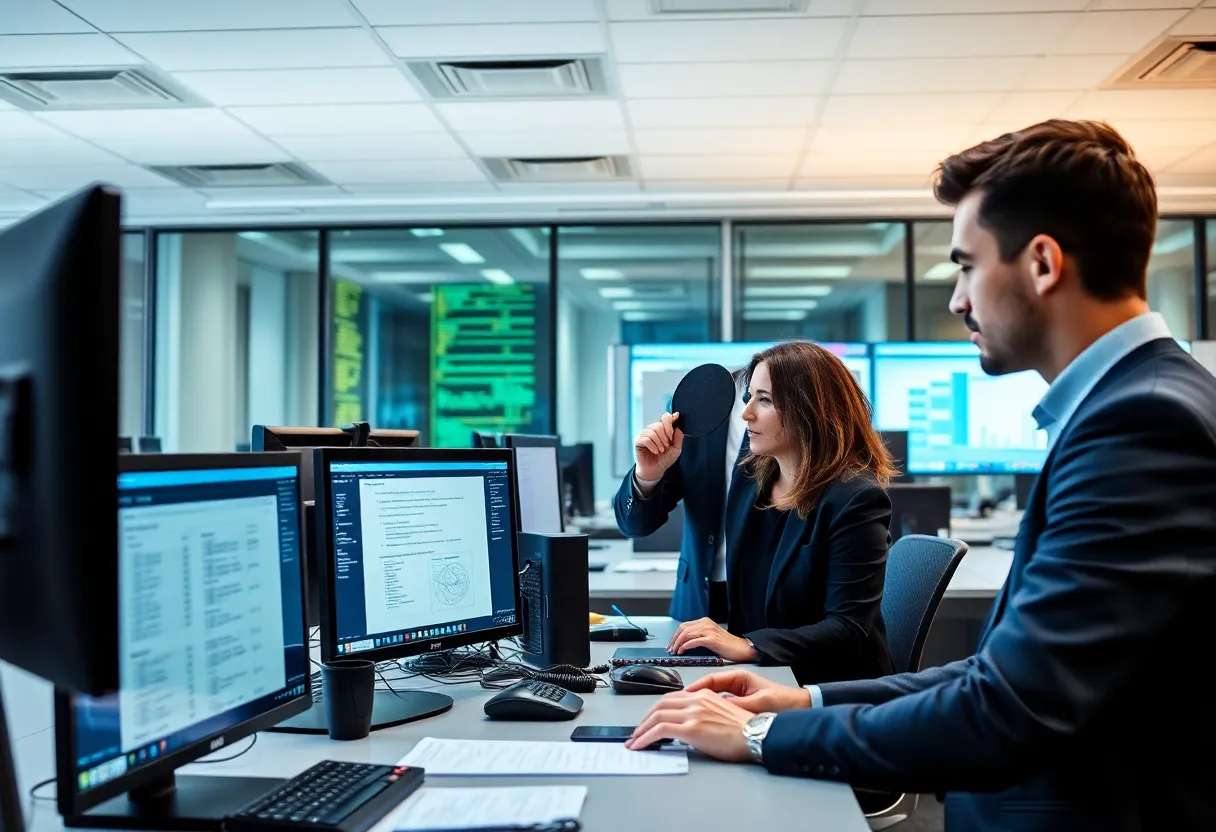 Professionals using electronic document recording technology in a modern office.