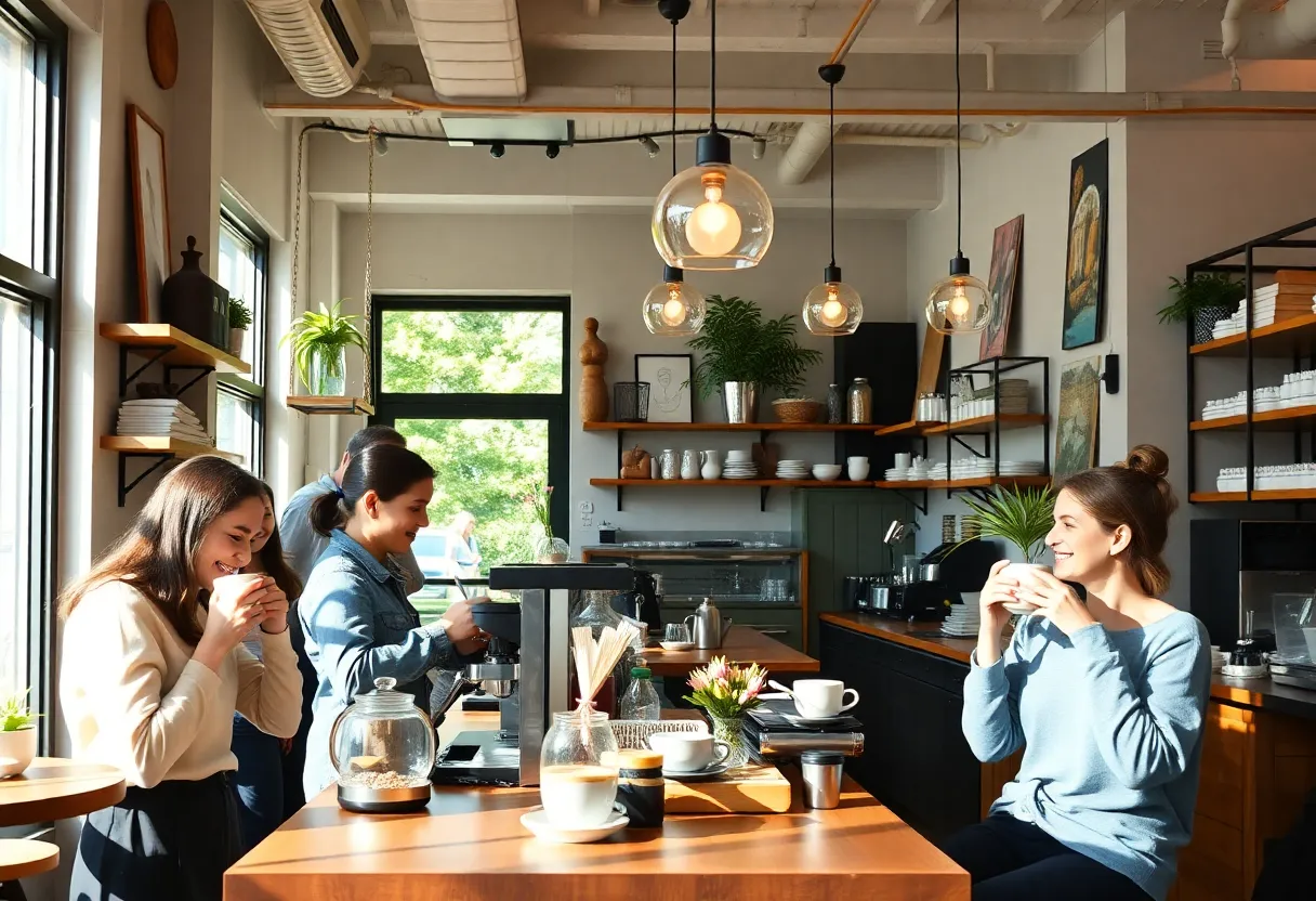 Interior of MoonGoat Coffee Roasters with customers and barista