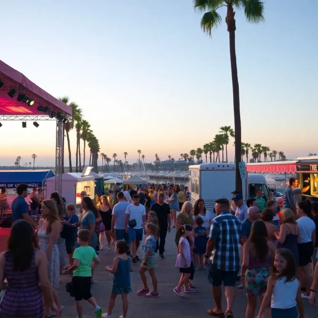Crowd enjoying the Newport Beach festival with live music and food trucks.