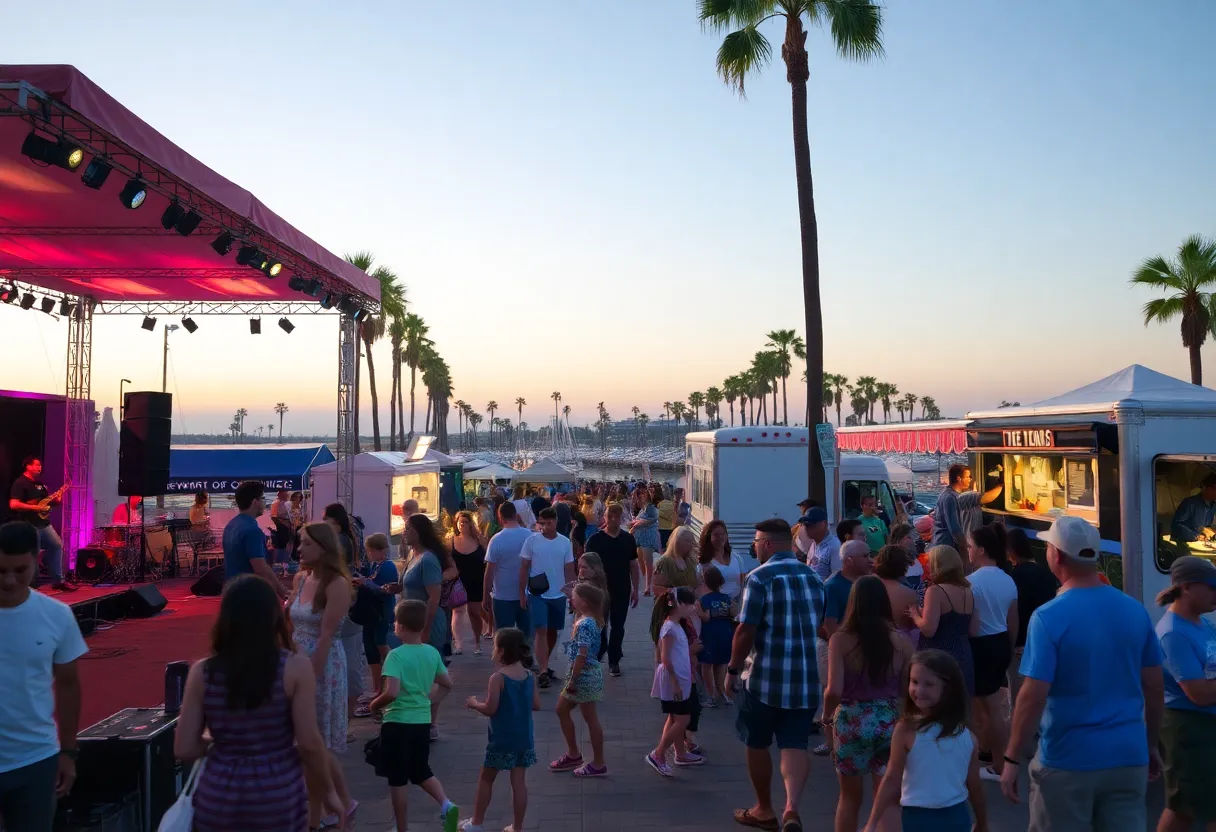 Crowd enjoying the Newport Beach festival with live music and food trucks.