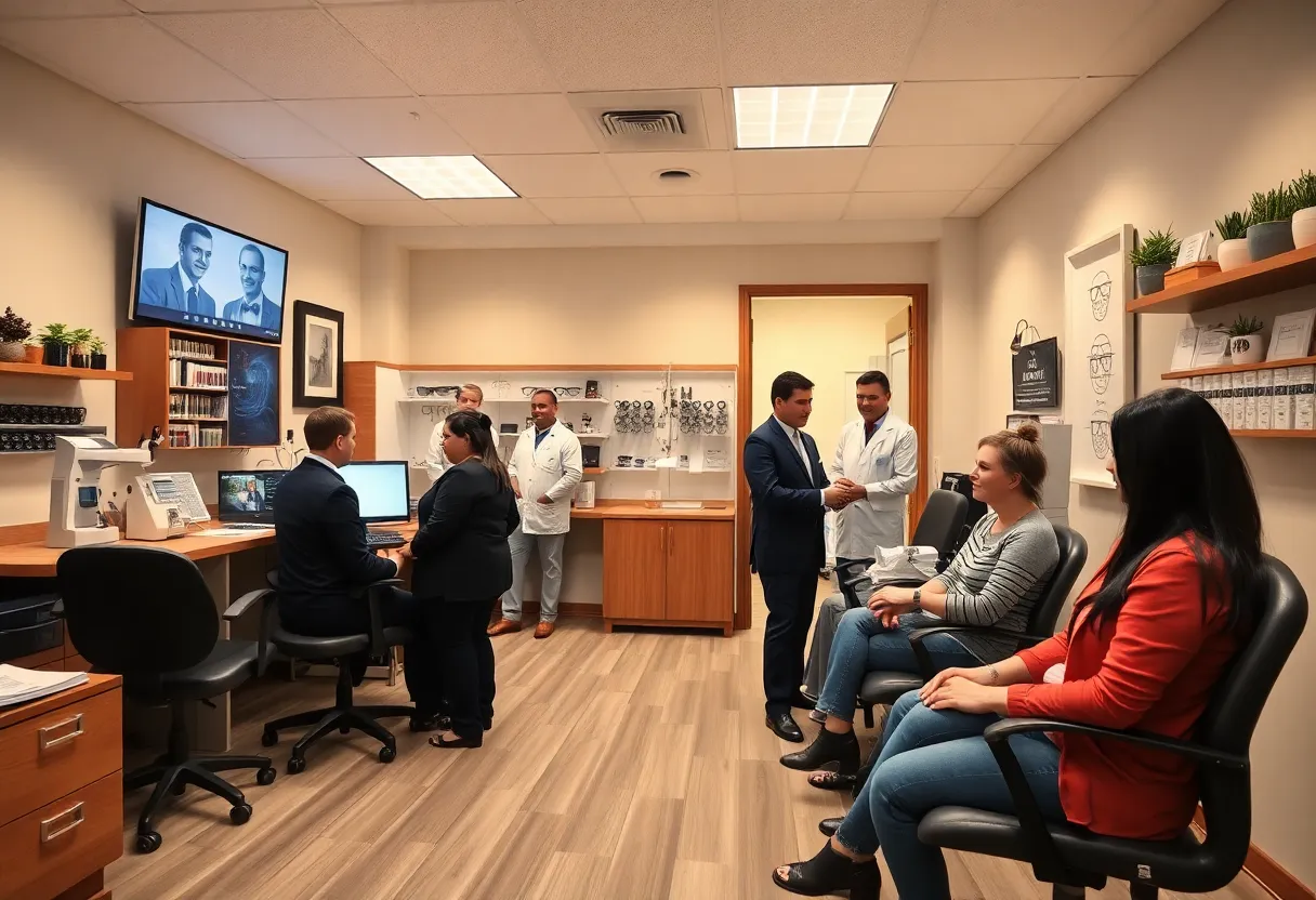 Interior of an optometry office with patients and staff