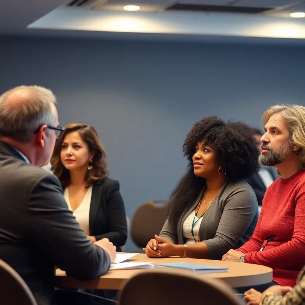 Diverse community members discussing issues of hate crimes and justice.