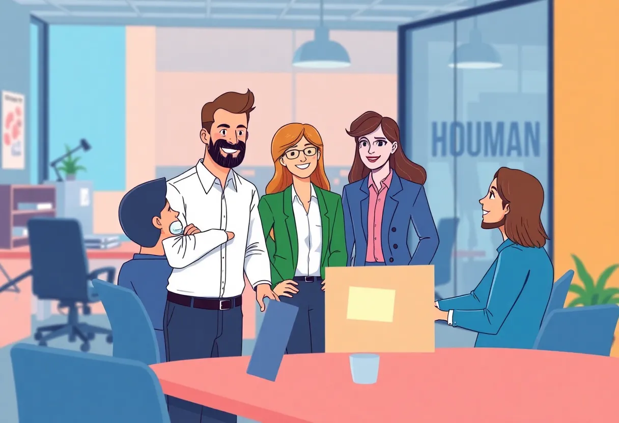 Illustration of HR departments merging in an office environment.