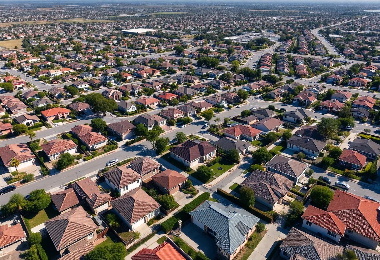 Aerial view of Orange County residential area showcasing homes