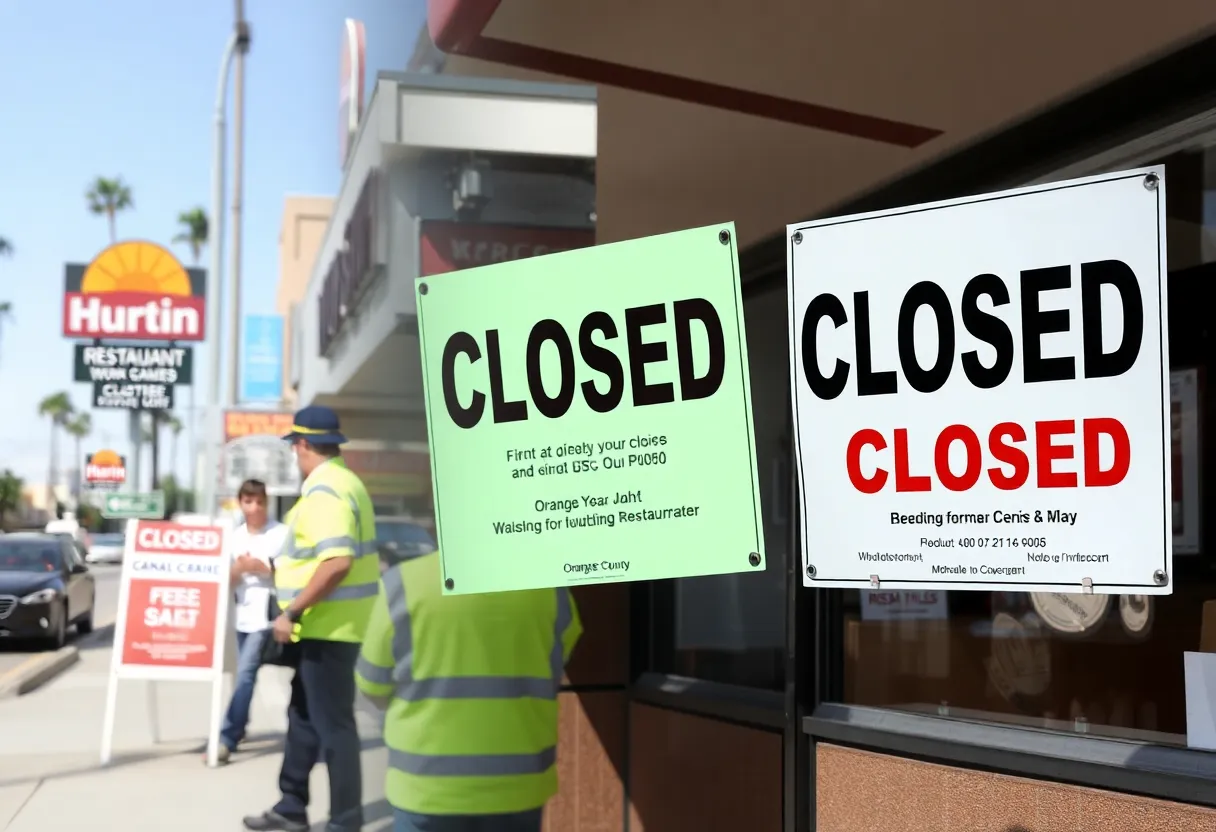 Signs of closed restaurants in Orange County due to health violations.