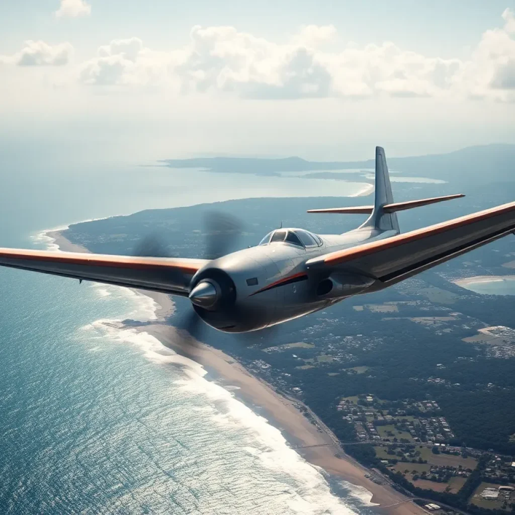 Vintage airplane flying over coastal scenery