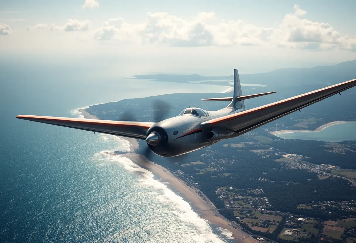 Vintage airplane flying over coastal scenery