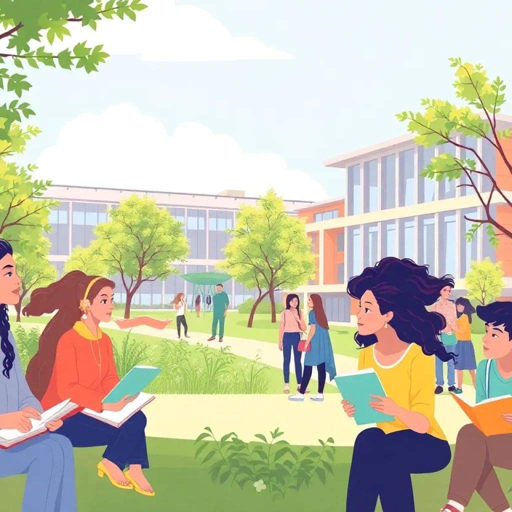 Campus photo capturing diverse students learning together at Vanguard University.