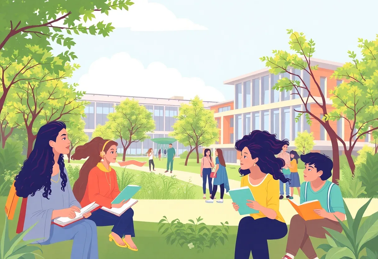 Campus photo capturing diverse students learning together at Vanguard University.