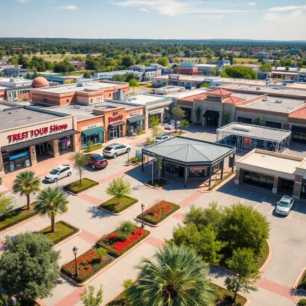 Aerial view of retail centers in South Orange County showcasing various shops.