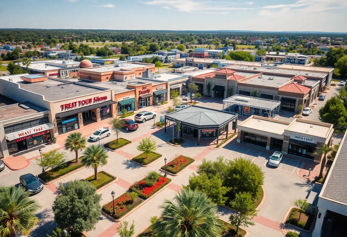 Aerial view of retail centers in South Orange County showcasing various shops.