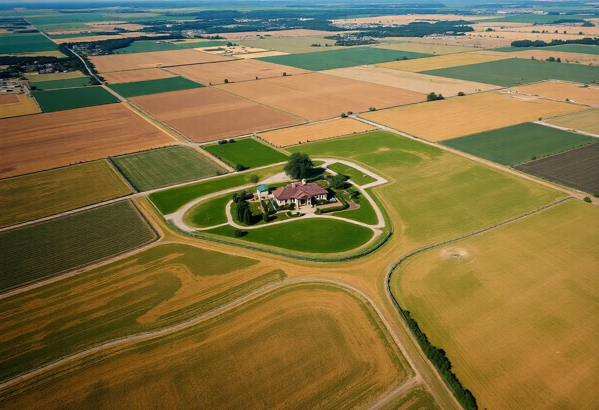 Aerial view of Reynolds Ranch showcasing farmland and rangeland in Central California.