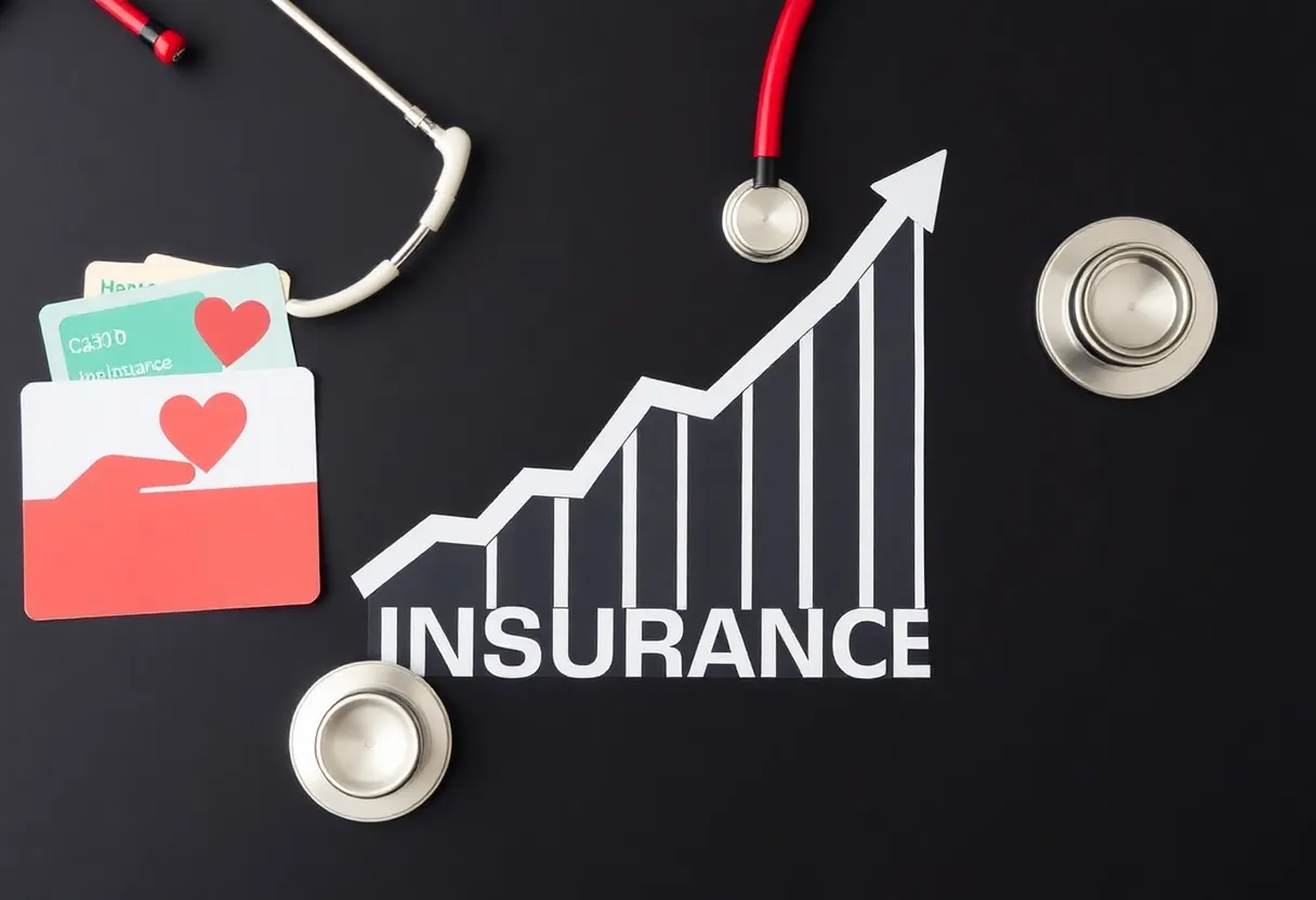 Illustration depicting rising health insurance premiums with medical symbols.