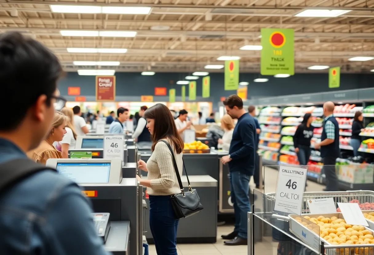 Customers using self-checkout lanes in a grocery store while staff assist nearby.