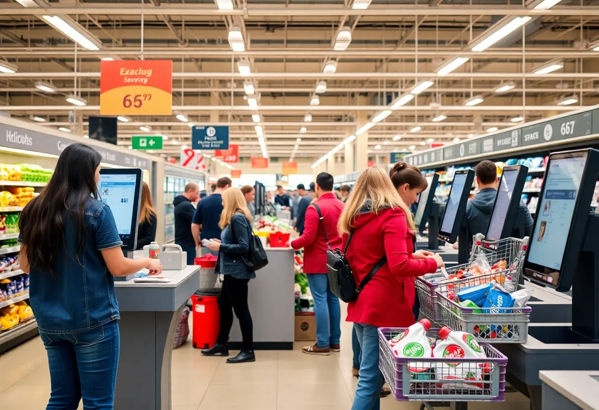Busy grocery store self-checkout lanes with customers