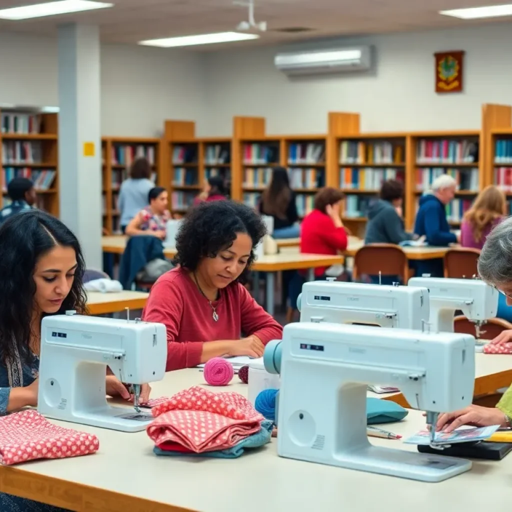 Community members participating in a sewing class at Donald Dungan Library
