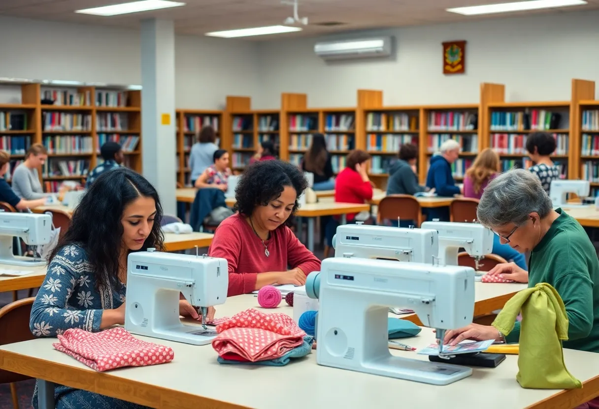 Community members participating in a sewing class at Donald Dungan Library