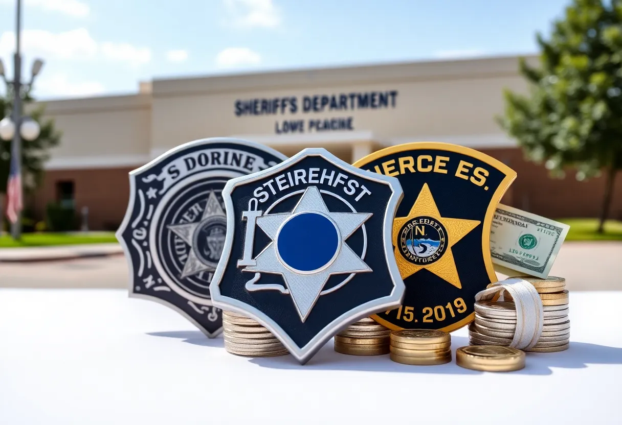 Symbolizing law enforcement salary changes with badges and money.
