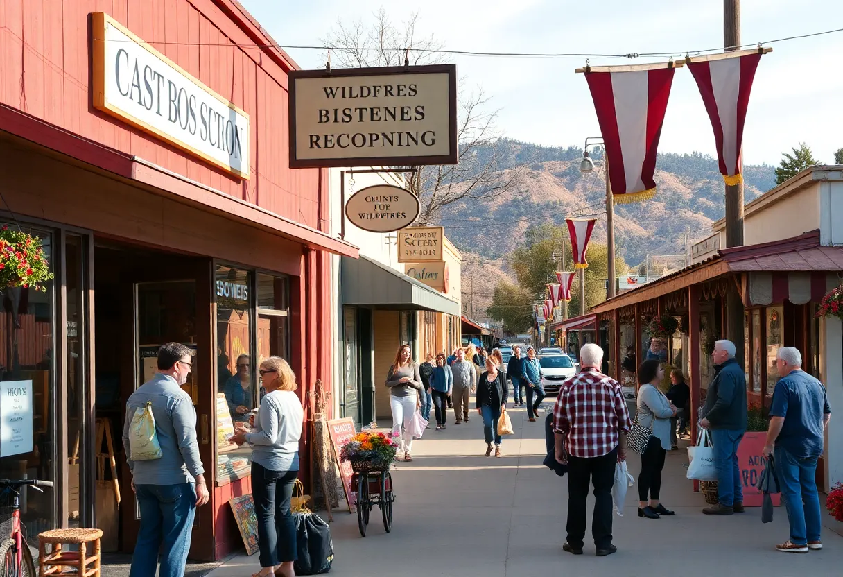 Community scene showcasing small businesses recovering after wildfires