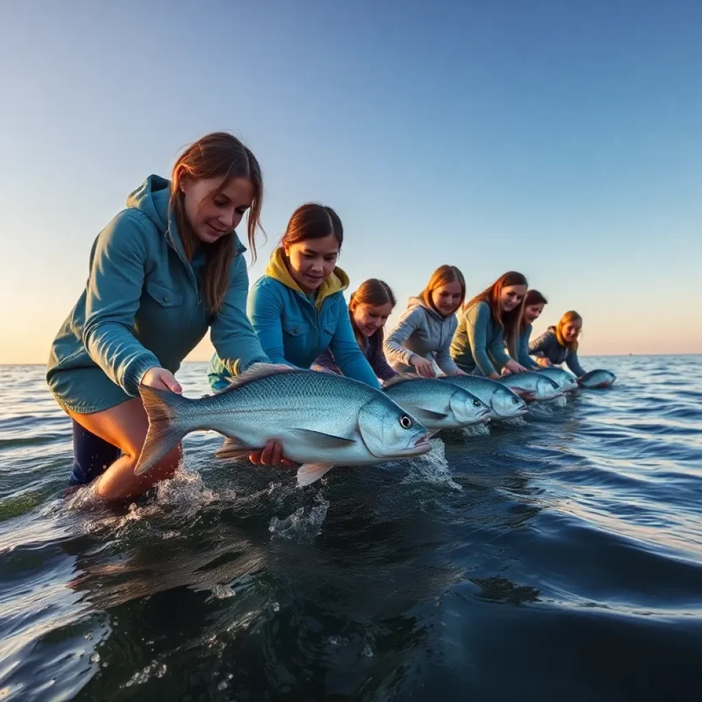 Students from Orange Coast College releasing white seabass into the ocean