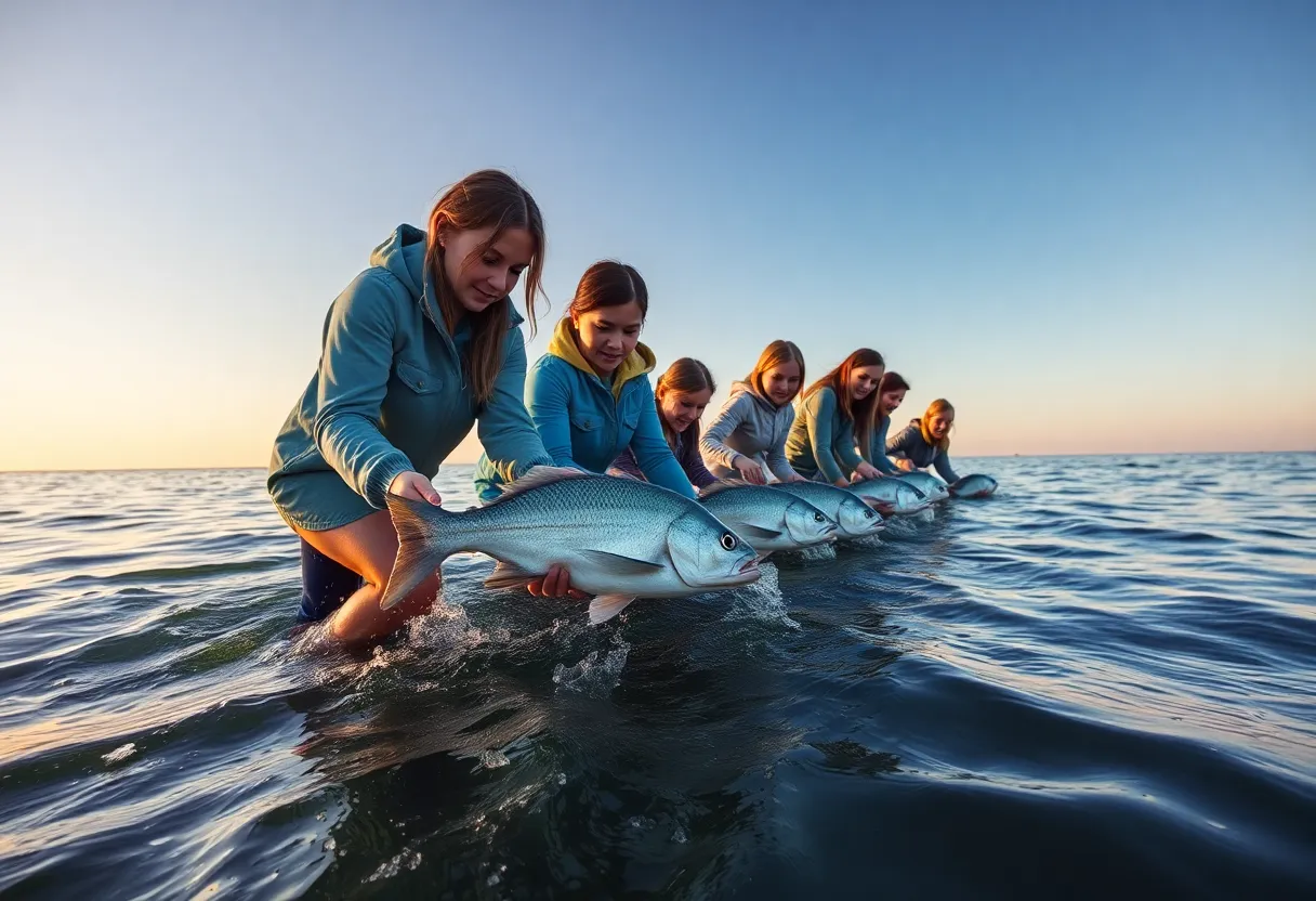 Students from Orange Coast College releasing white seabass into the ocean