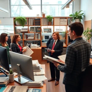 Editorial team at The California Post planning a newspaper issue.