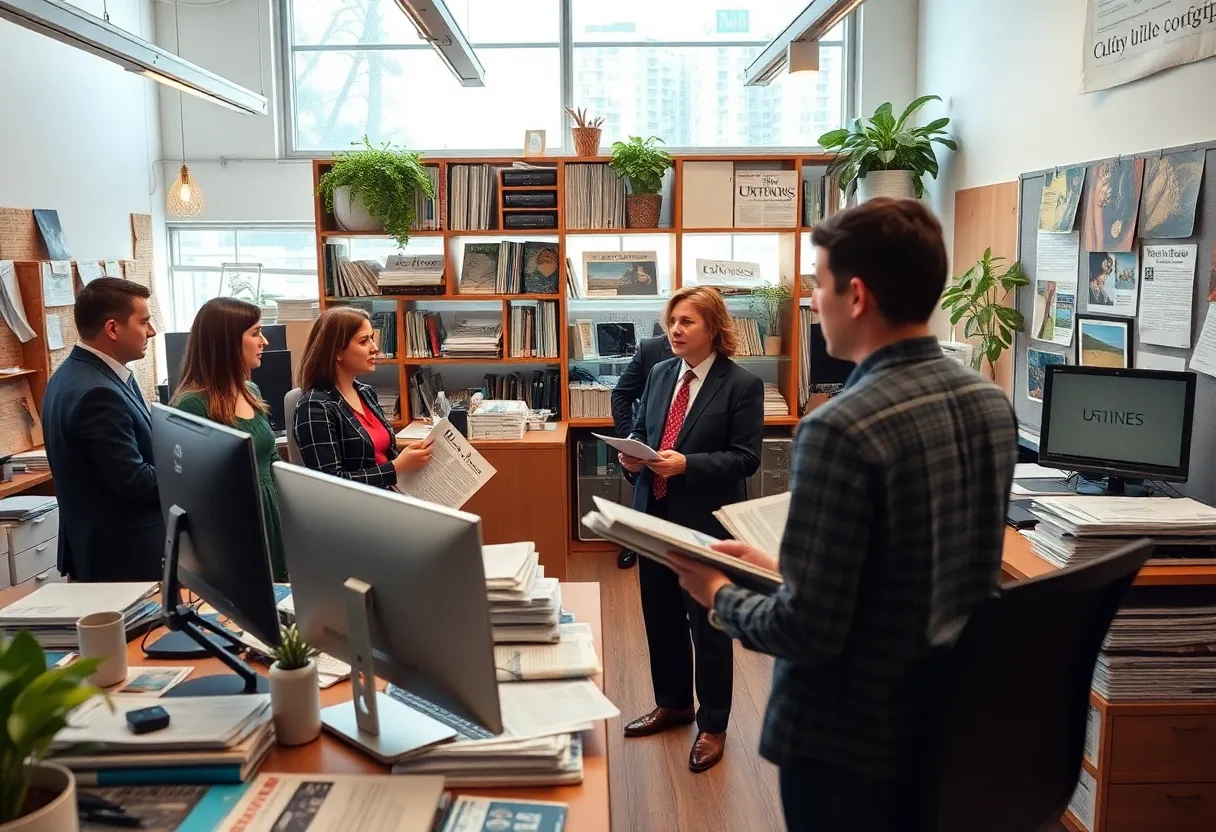 Editorial team at The California Post planning a newspaper issue.