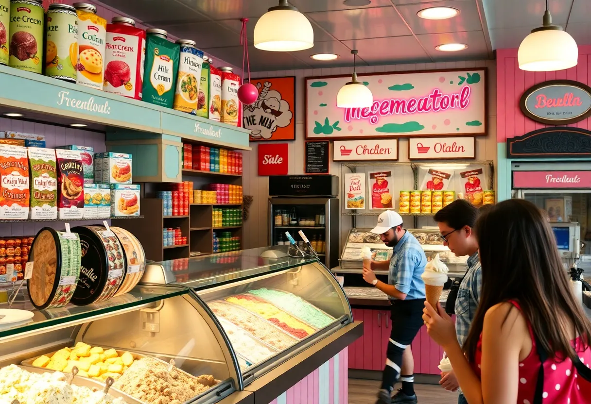 Colorful Thrifty Ice Cream storefront with ice cream flavors displayed