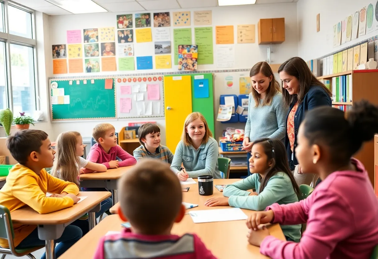 Students and teachers engaging in a high school classroom setting