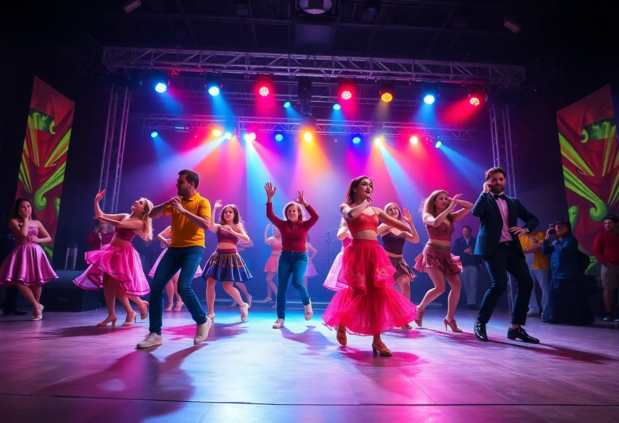Footloose musical performance scene with dancers on stage.