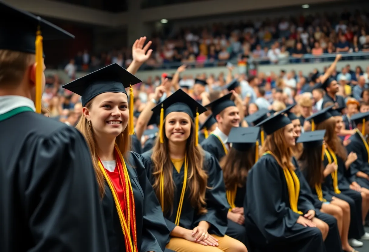 Graduates celebrating at Vanguard University's commencement ceremony.