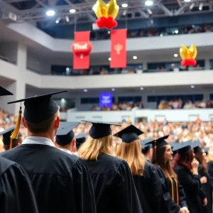 Graduates celebrating during Vanguard University graduation ceremony
