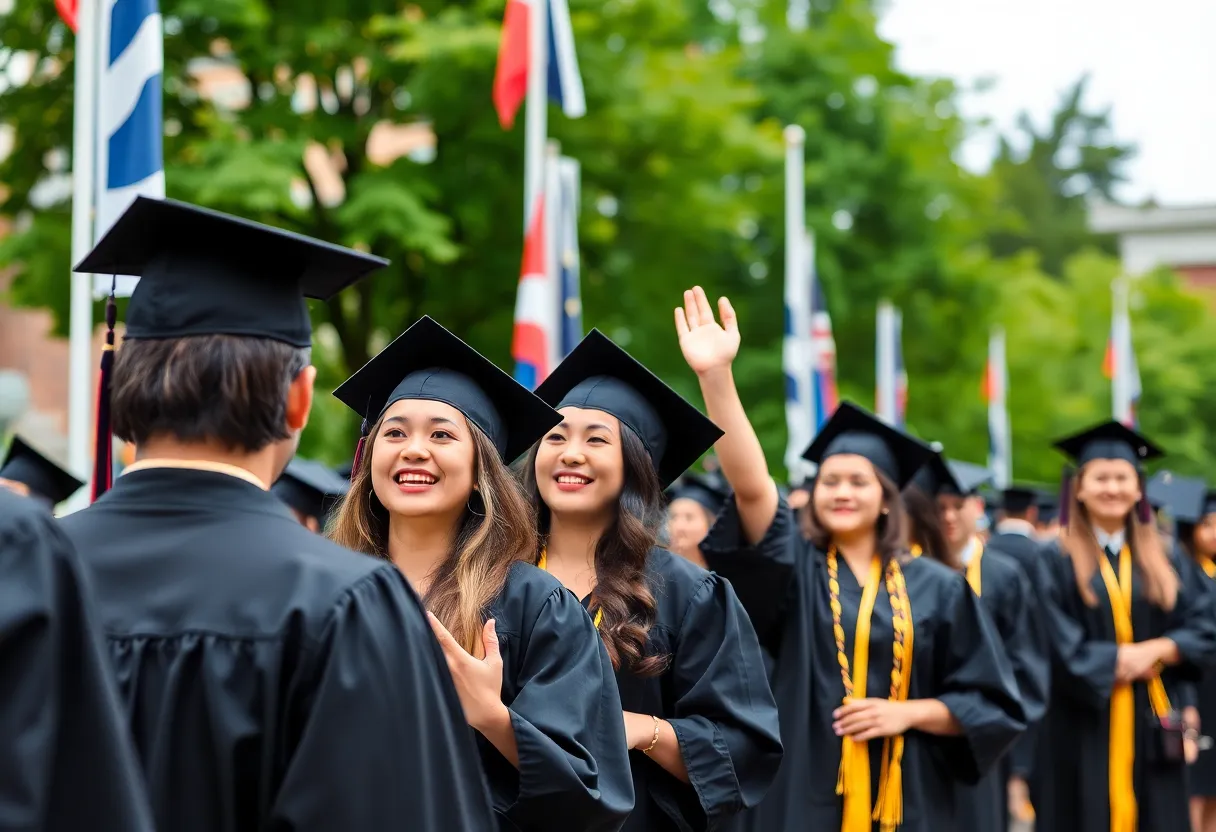 Graduates celebrating during Vanguard University graduation ceremony