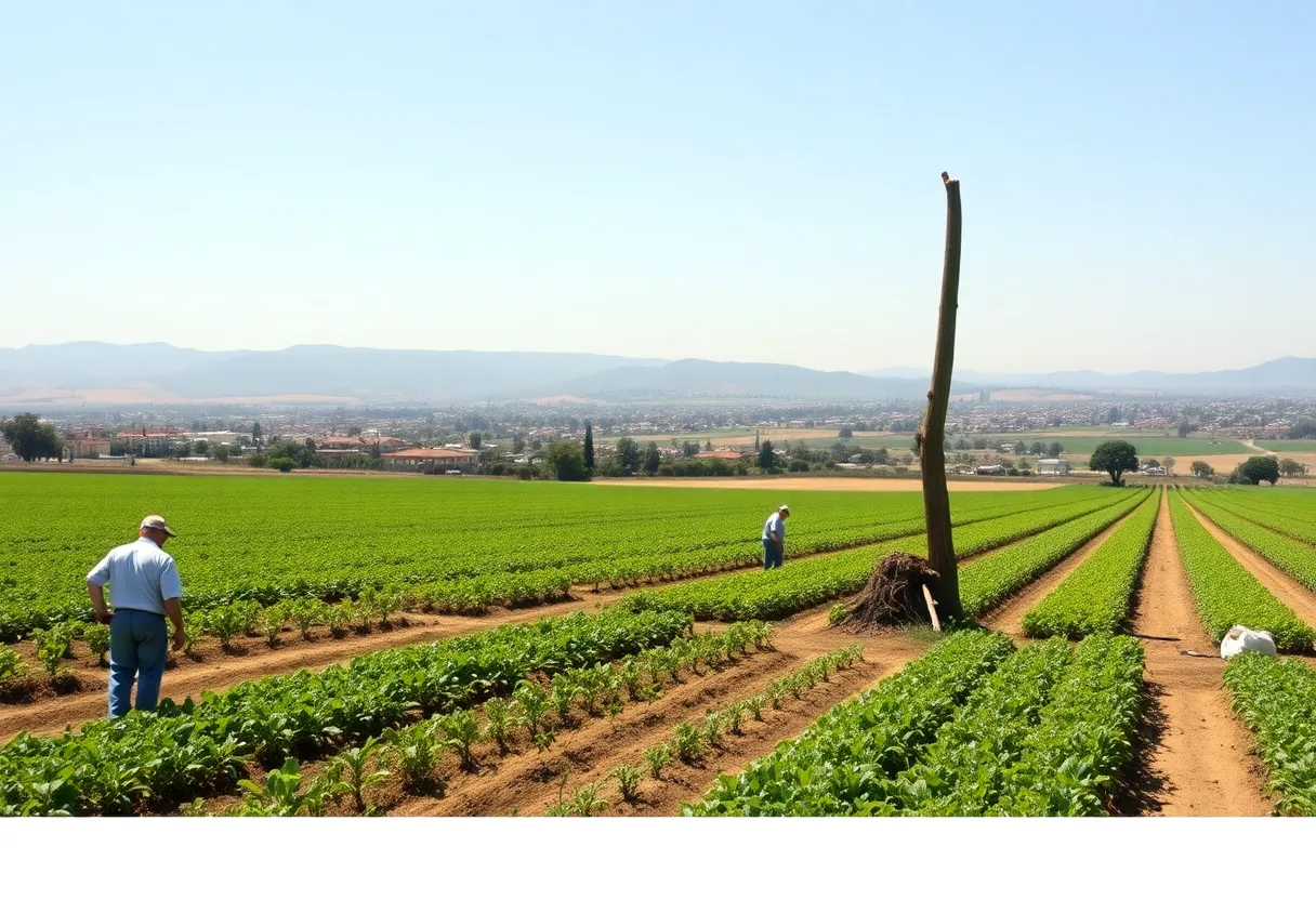 Scenic view of California agriculture fields with crops and farmers