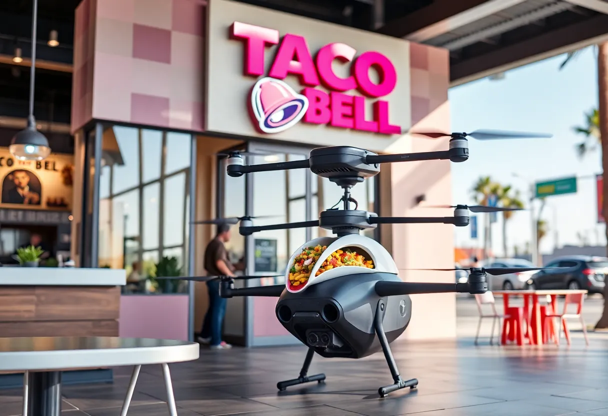 Conceptual image of a busy café with Taco Bell branding and a drone delivering food.