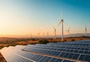 California landscape featuring solar panels and wind turbines symbolizing climate initiatives.