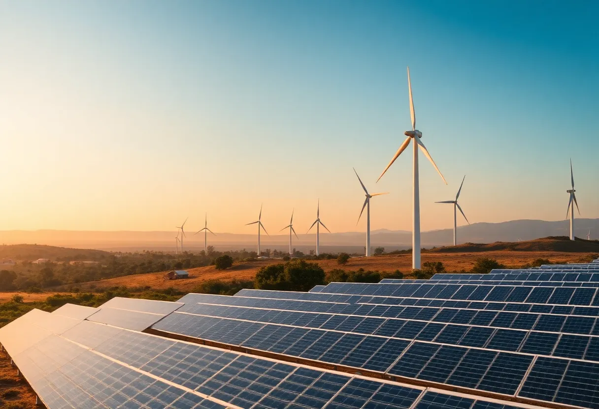 California landscape featuring solar panels and wind turbines symbolizing climate initiatives.